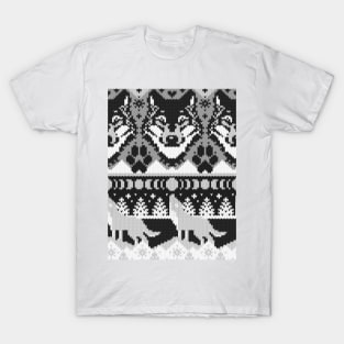 Fair isle knitting grey wolf // pattern // black and white wolves moons and pine trees T-Shirt